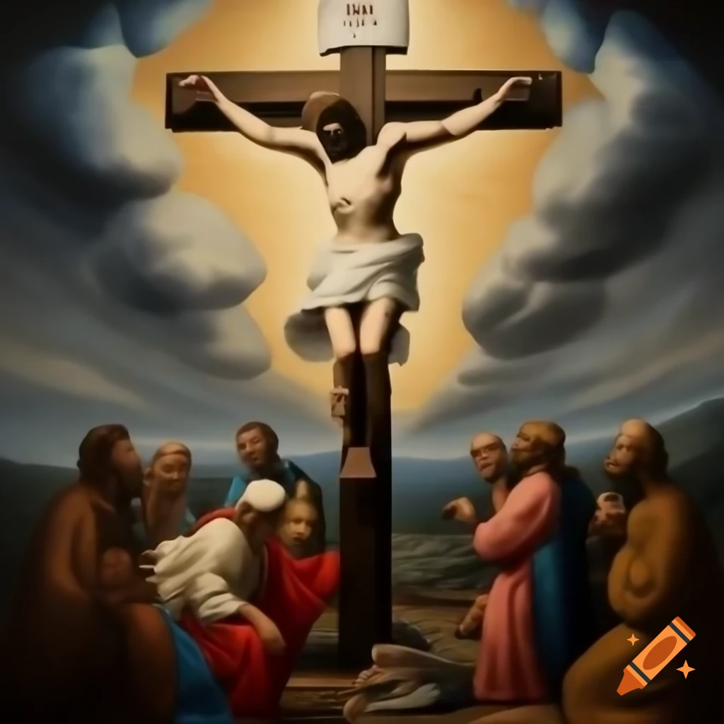 Classical artwork style painting of Jesus on the cross with people, using soft blending techniques