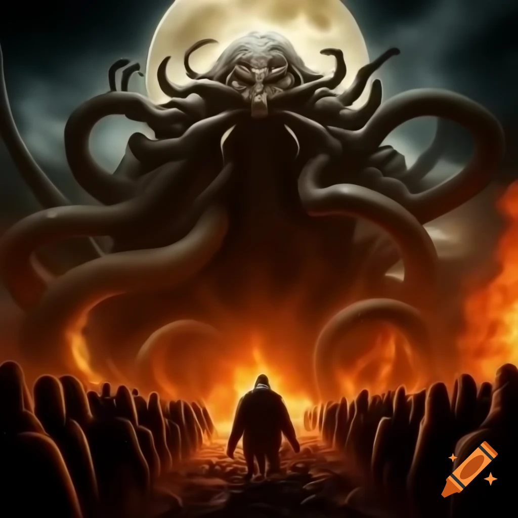 Lovecraftian creature with cultists and fire under full moon, gritty high-contrast style