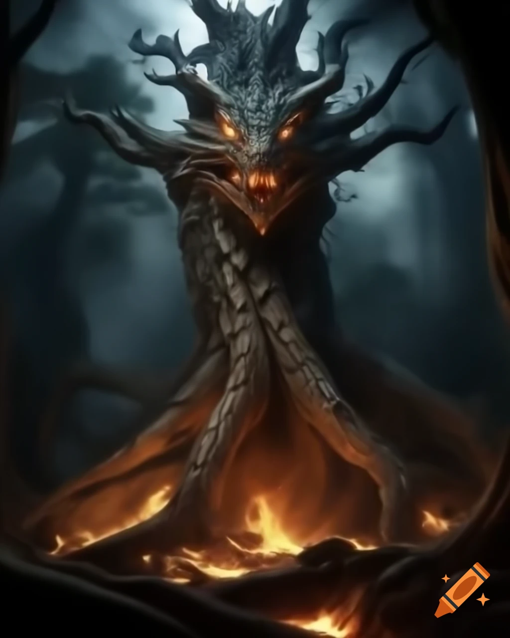 Primordial giant with gnarled scales and ember eyes in ancient forest