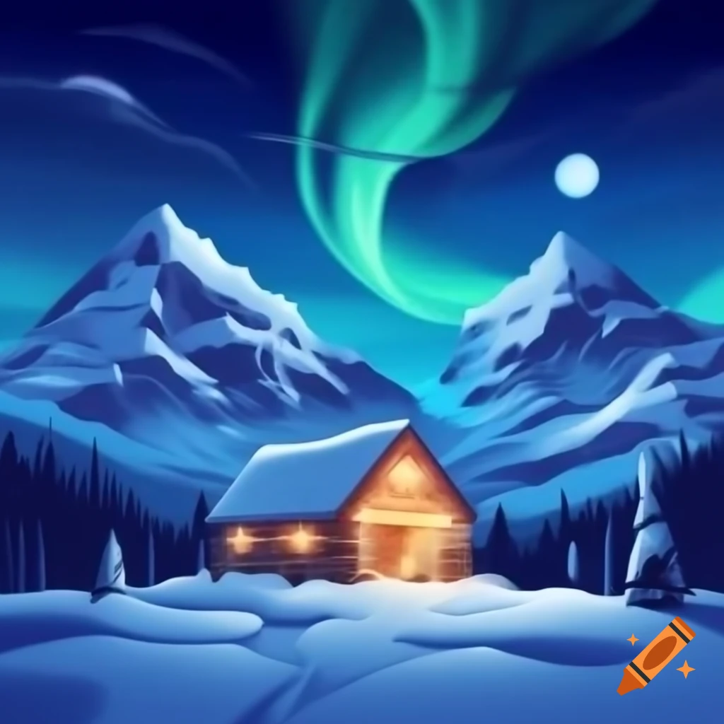 Snow-covered mountains illuminated by northern lights and moonlight