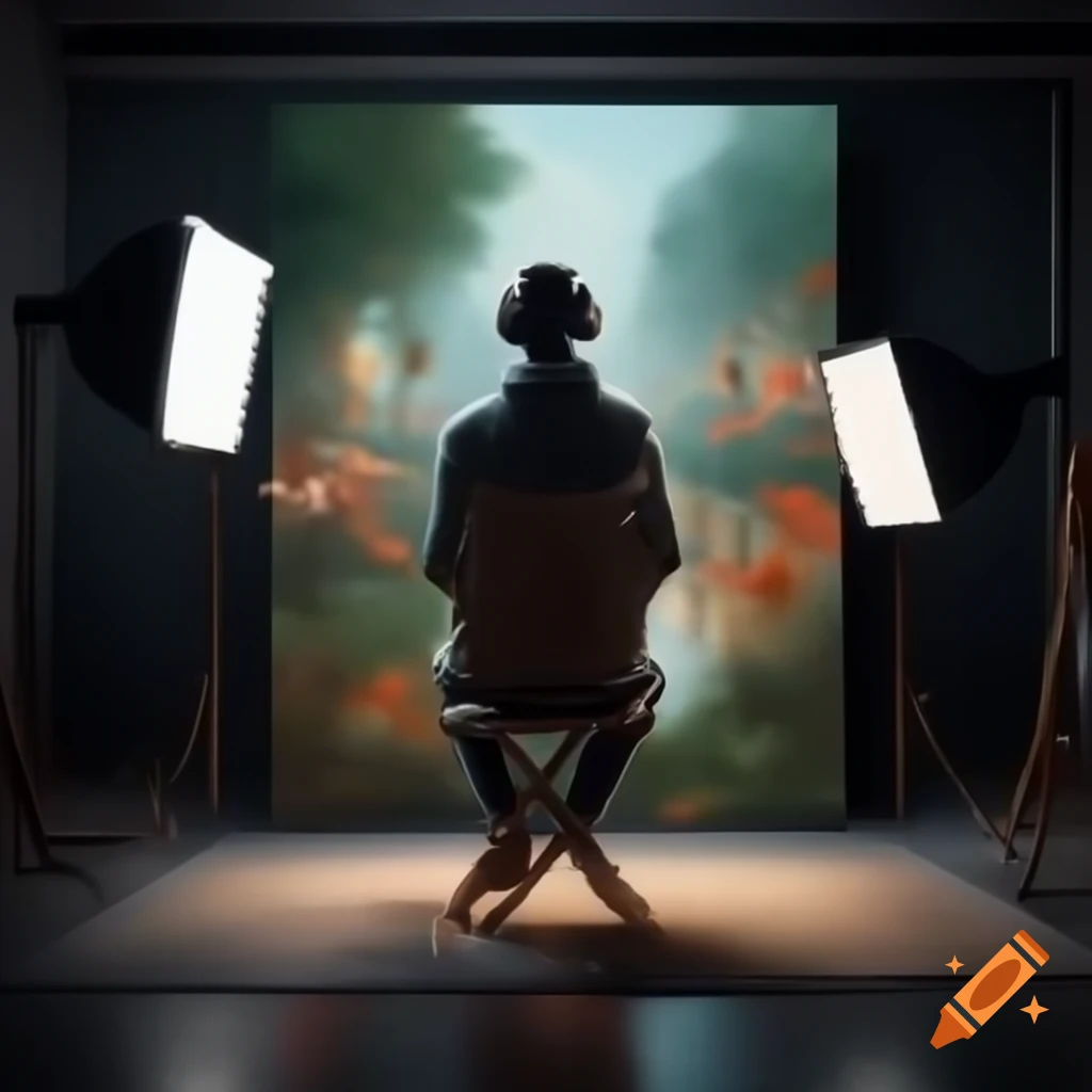 AI creating artwork in Monet style within a virtual studio