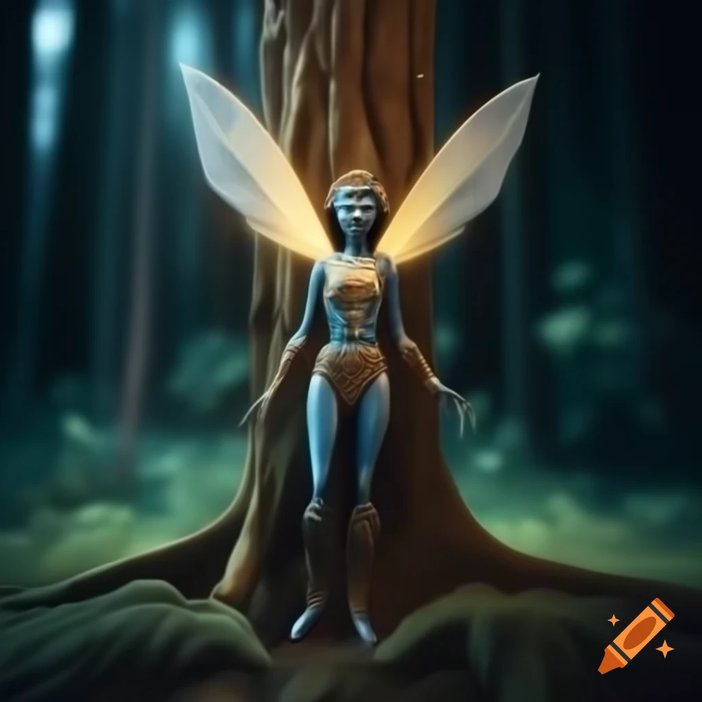 Photorealistic 3D render of a fairy next to a tree in a forest