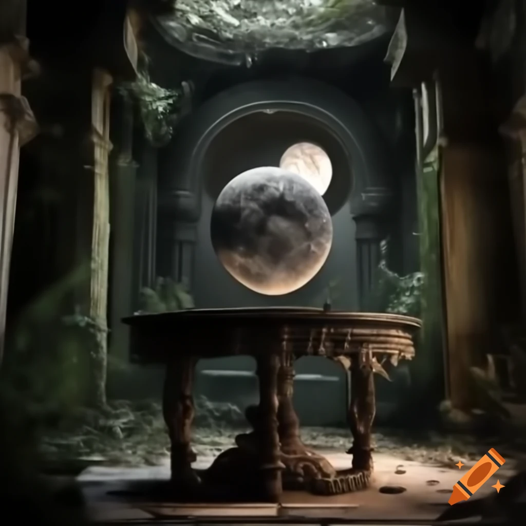 Photorealistic replica of the moon on ornate table in derelict overgrown temple