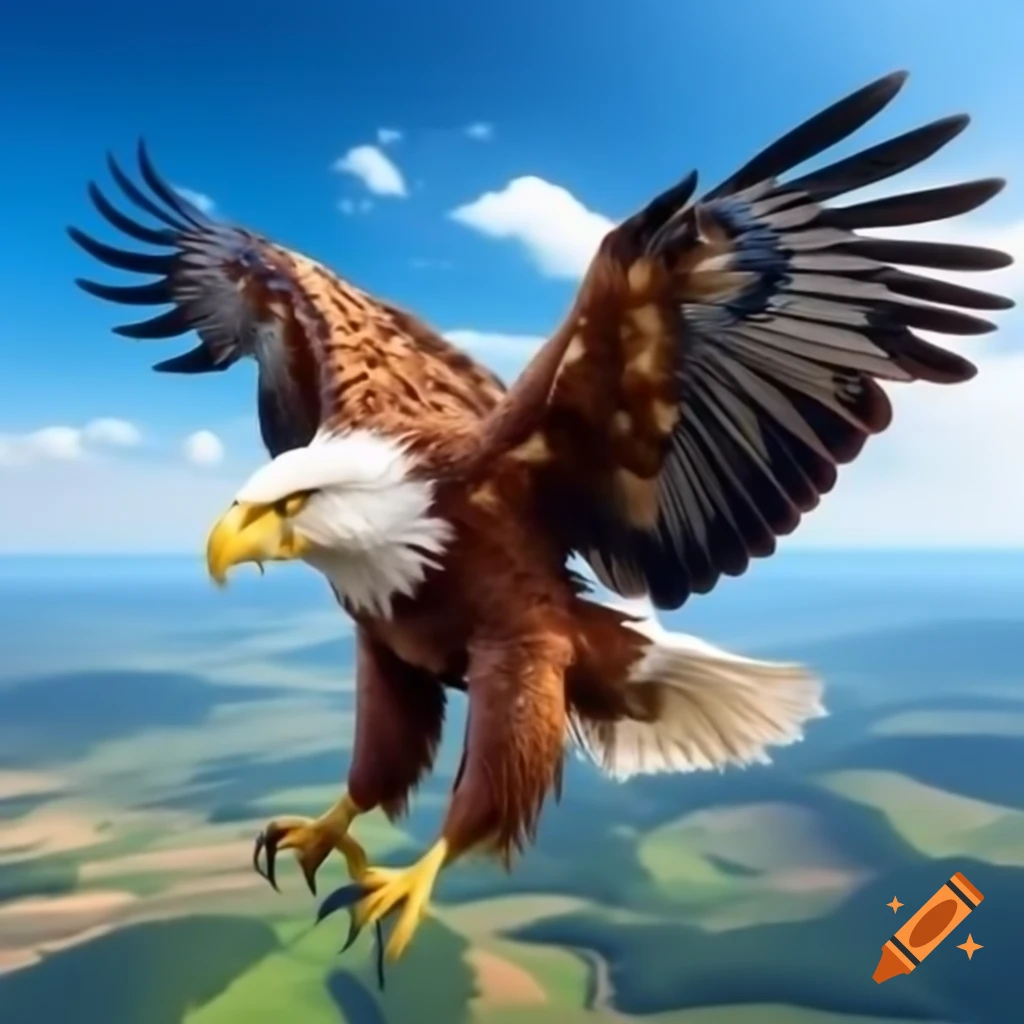 Yellow eagle soaring over Hungarian countryside with outstretched wings