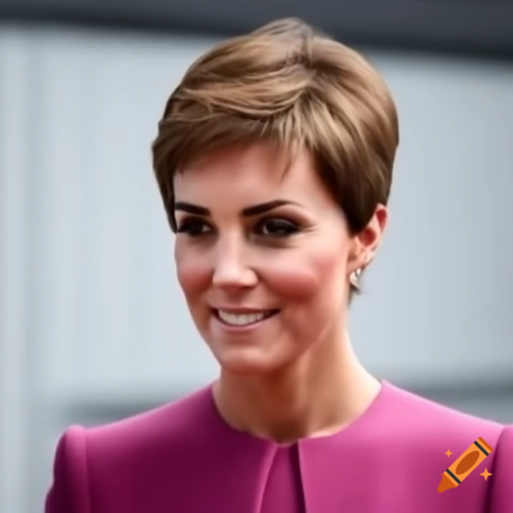 Catherine Middleton with a sleek short pixie cut featuring clippered nape and tapered sides