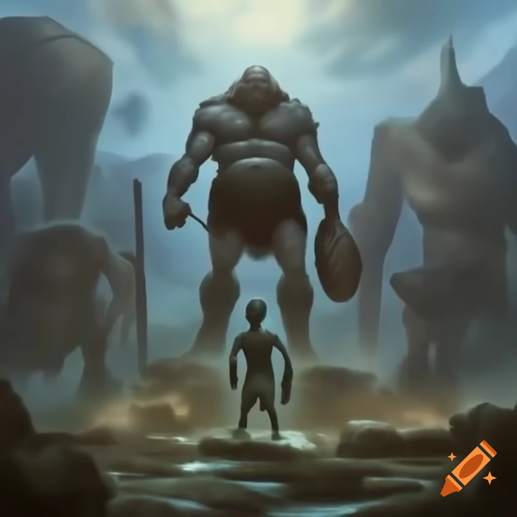David standing before Goliath in a dramatic scene
