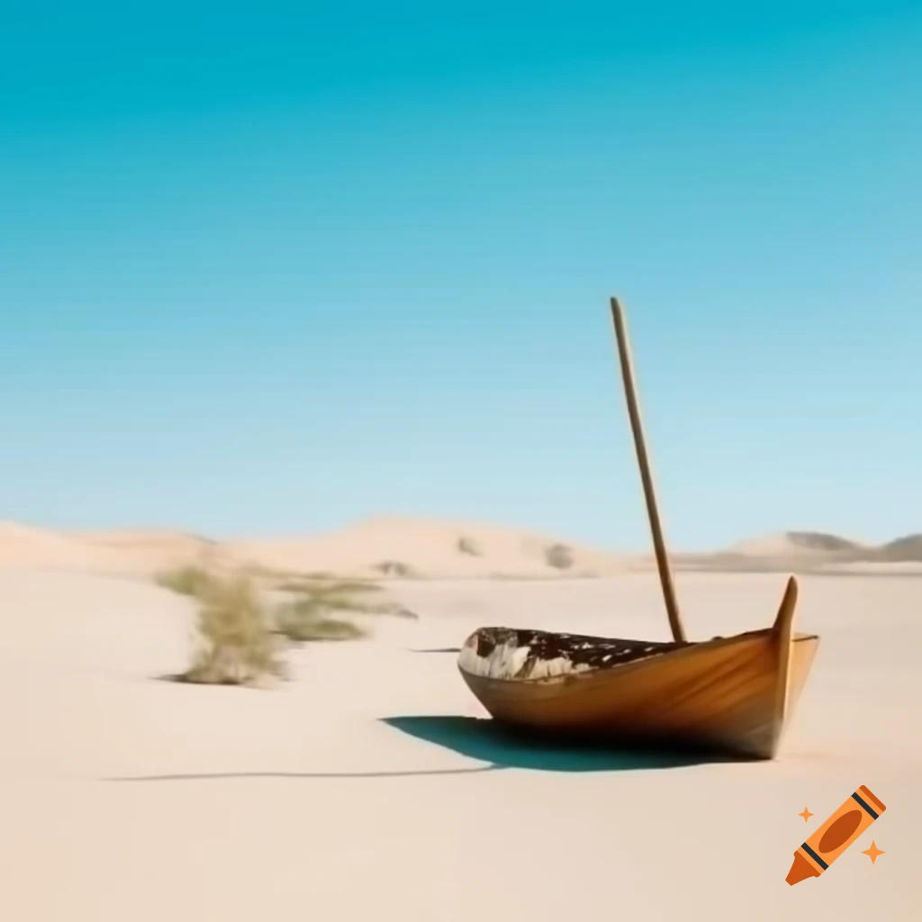 Beach scene with sun and boat in a desert environment