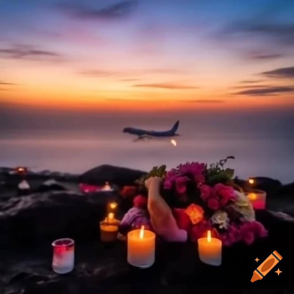 Sunset over Indian Ocean with Boeing 777 silhouette and memorial flowers and candles