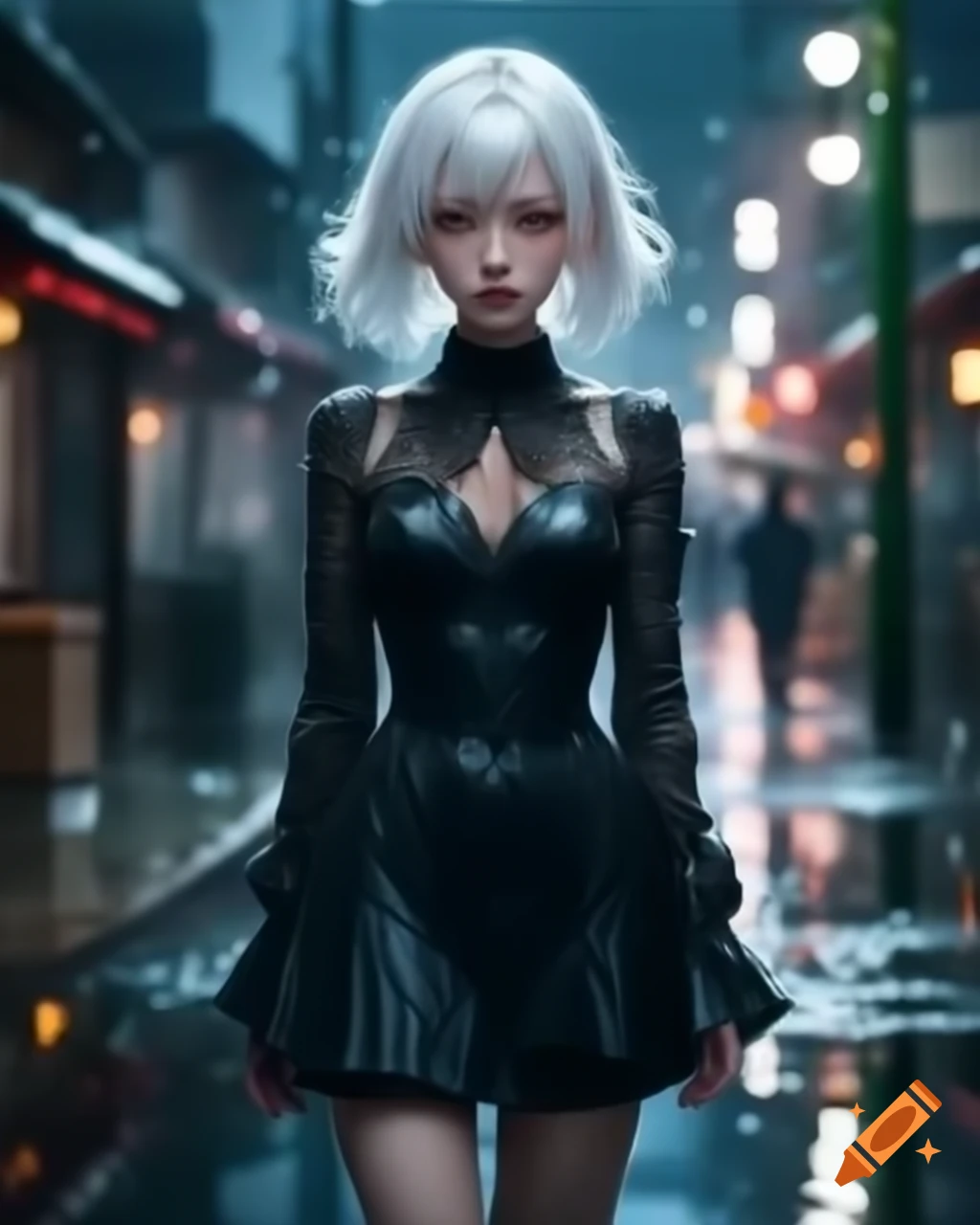 Anime character with white hair and black dress on a rainy day