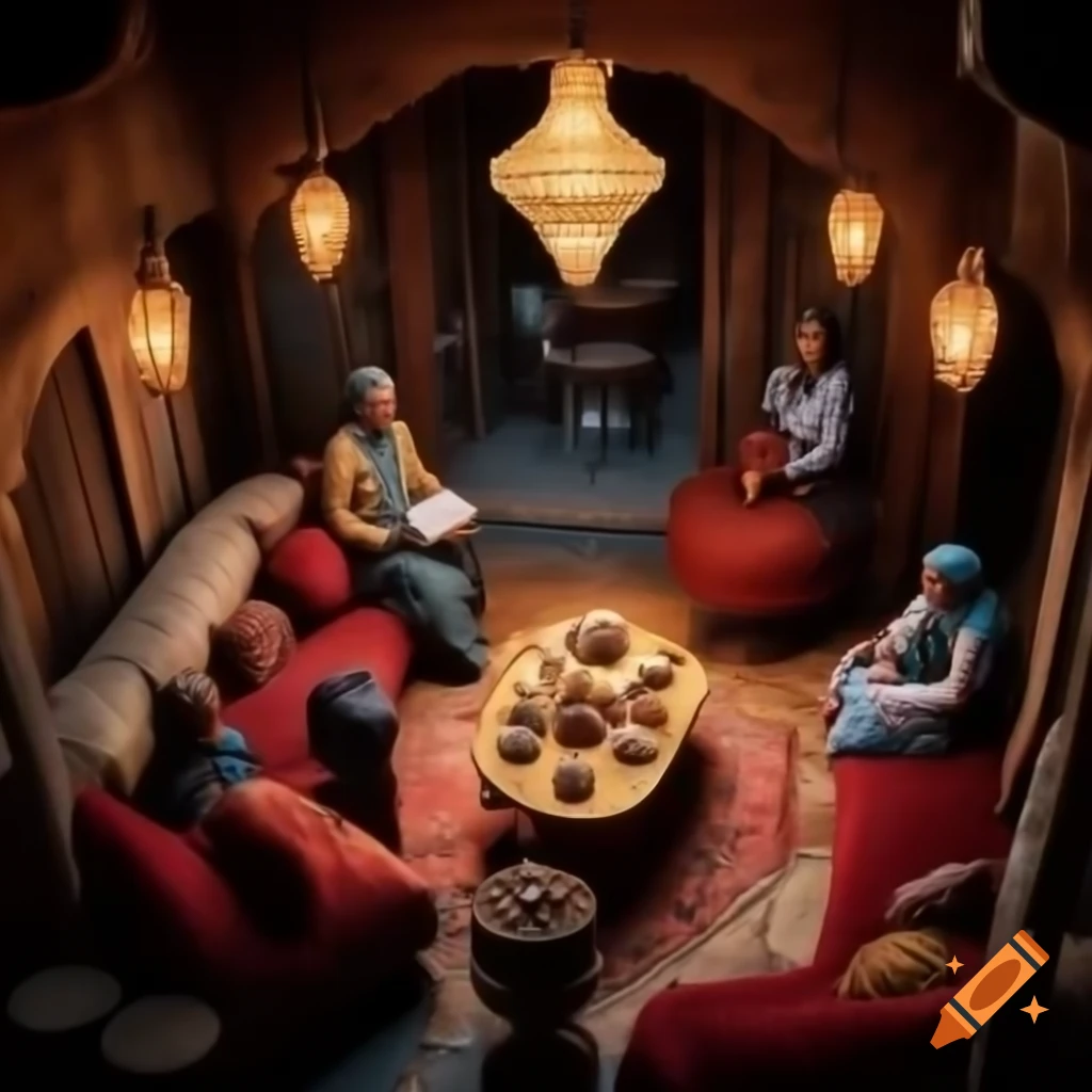 Cozy Persian teahouse with cats lounging and friends playing backgammon