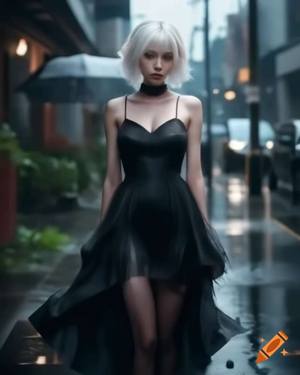 Anime realistic woman with white hair in black dress on rainy day