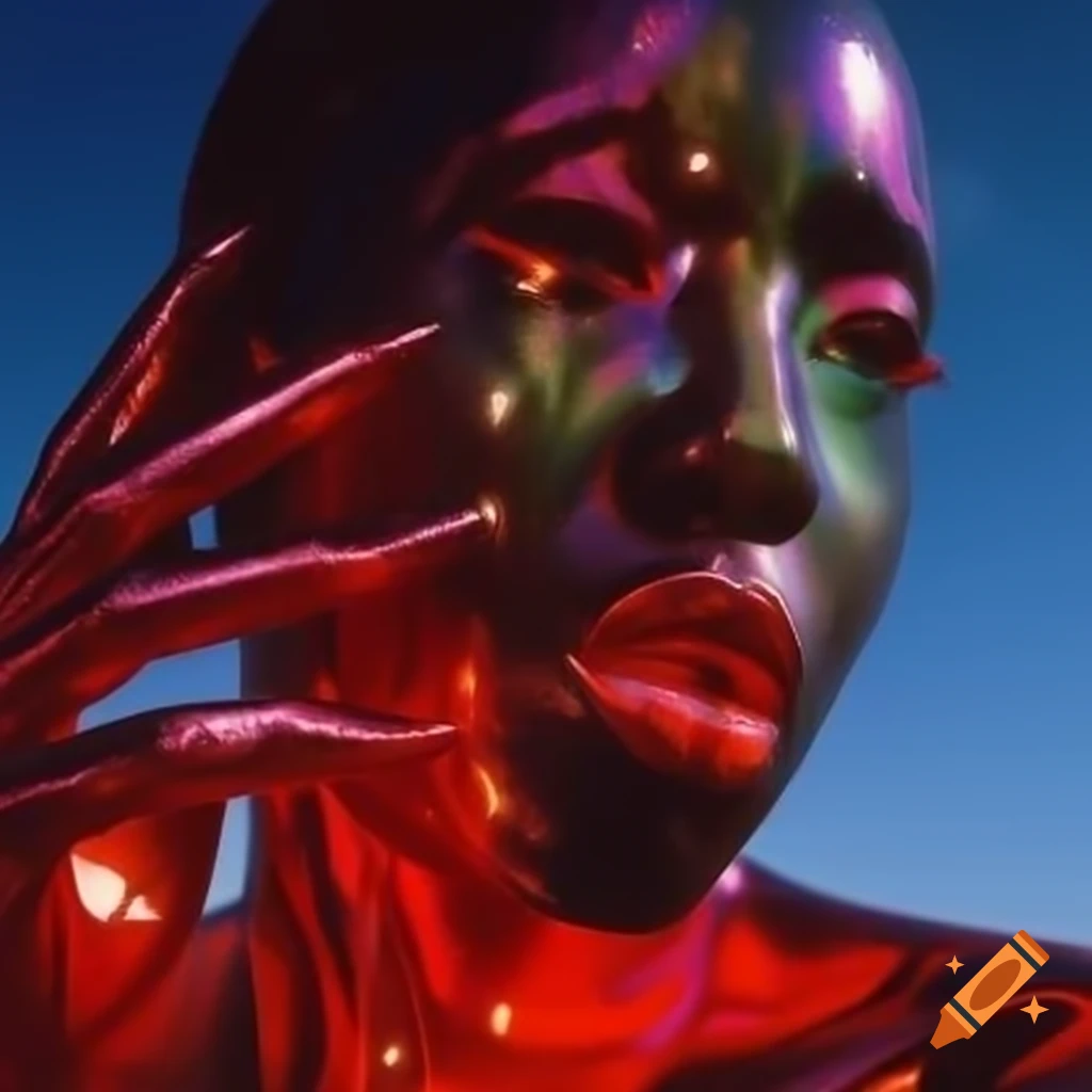 Pop surreal photography featuring iridescent red glass statue