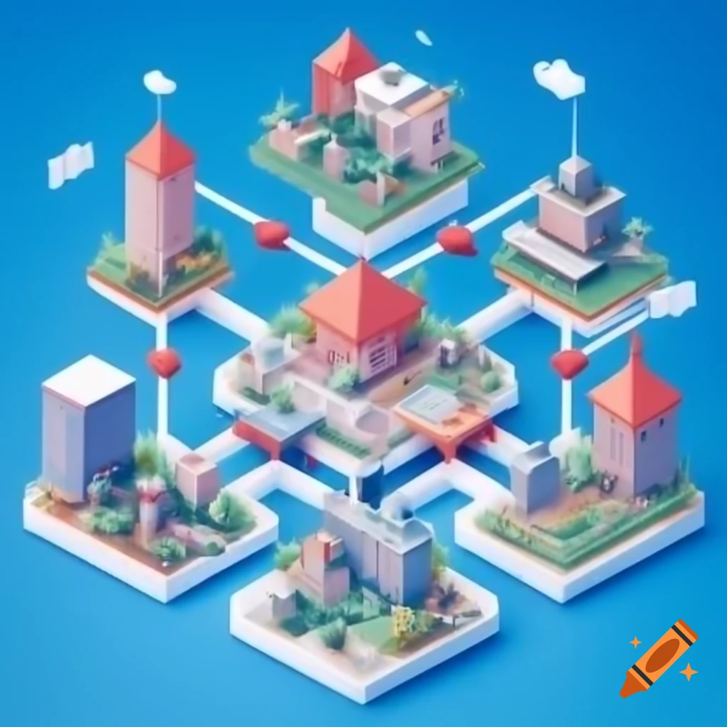 Whimsical 3D village of office-shaped nodes depicting vibrant data flow