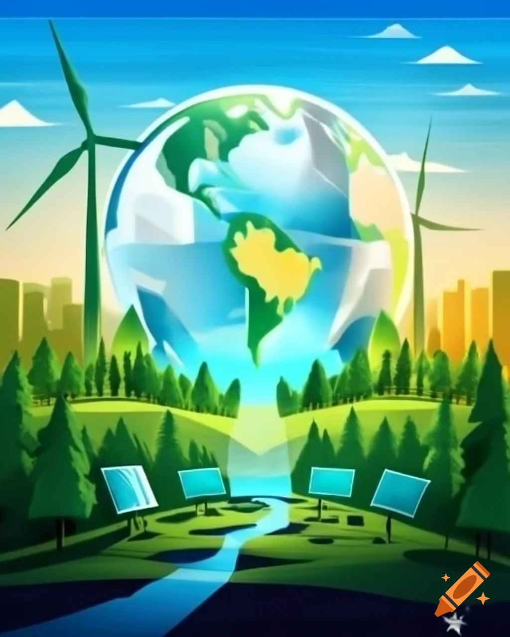 Futuristic poster for World Climate Change Conference featuring globe with forests and city skyline