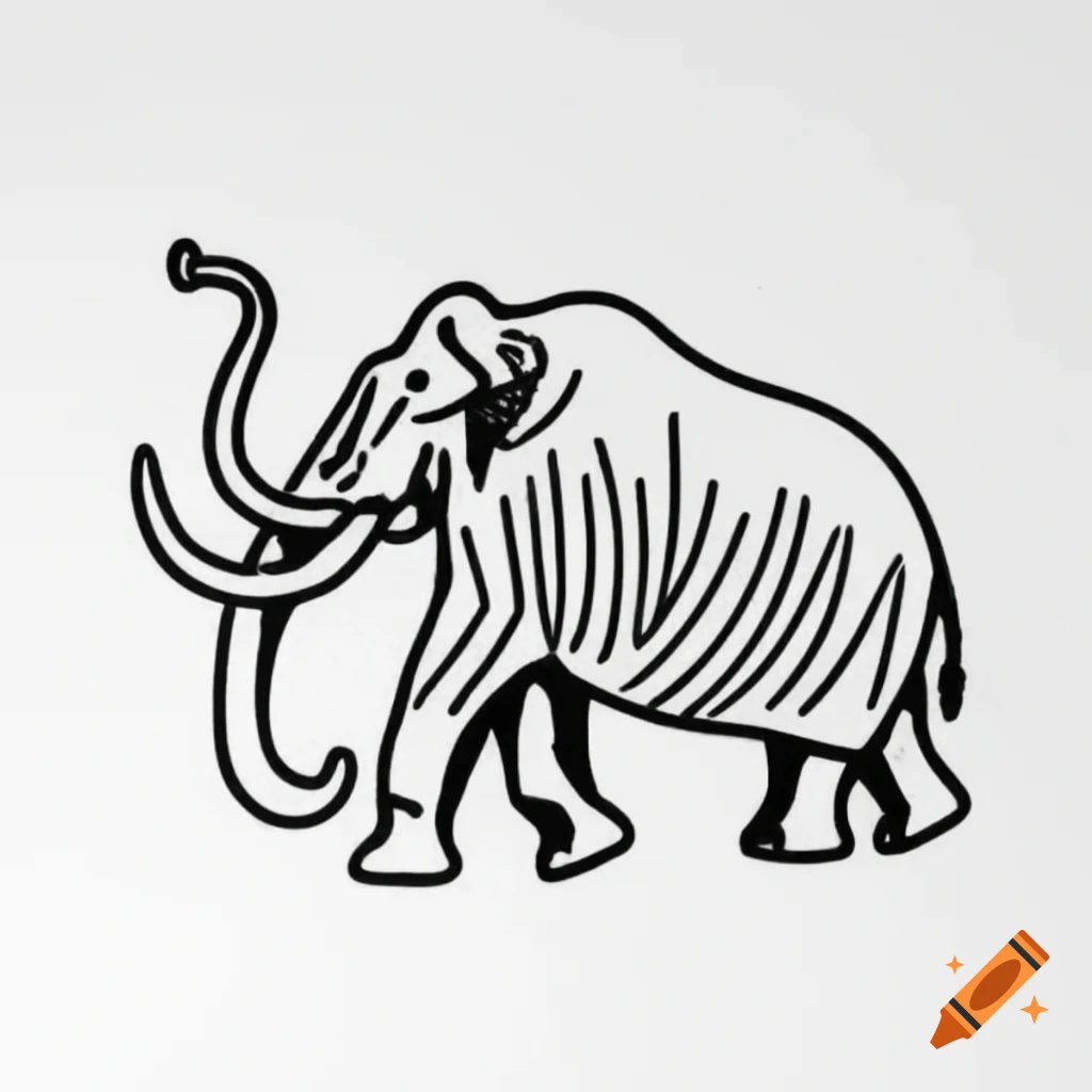 Line art of a mammoth in side view, black lines on white background