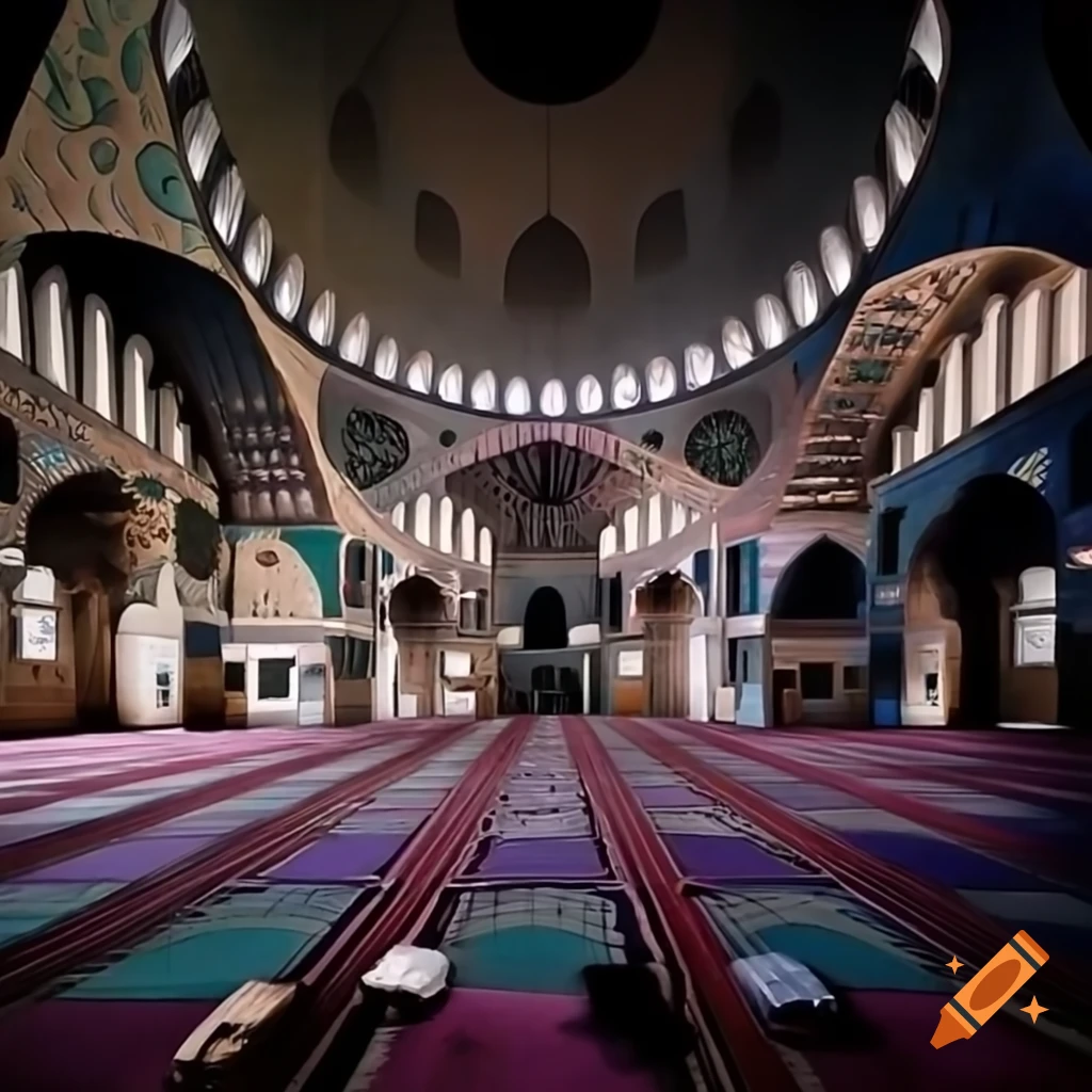 Impressionist painting of traditional mosque interior with floor furniture for Quranic studies