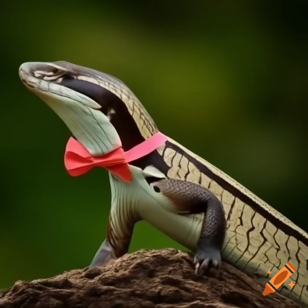 Full-bodied skink wearing a bowtie