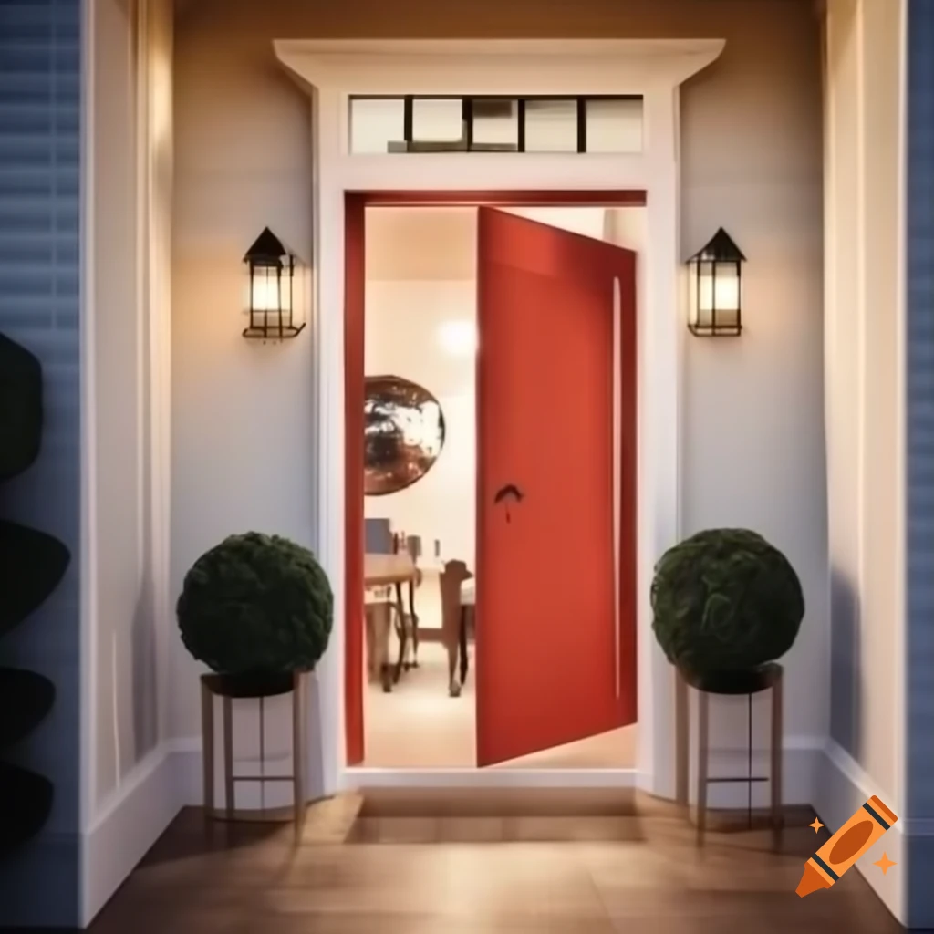 Stylish home entrance with warm color palette and mid-open door