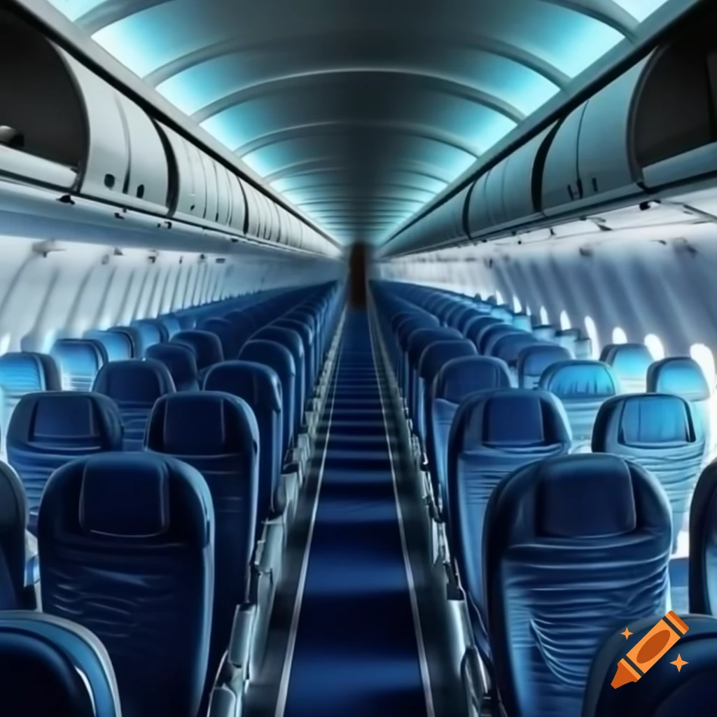 Empty airplane interior with blue seats and bright lighting