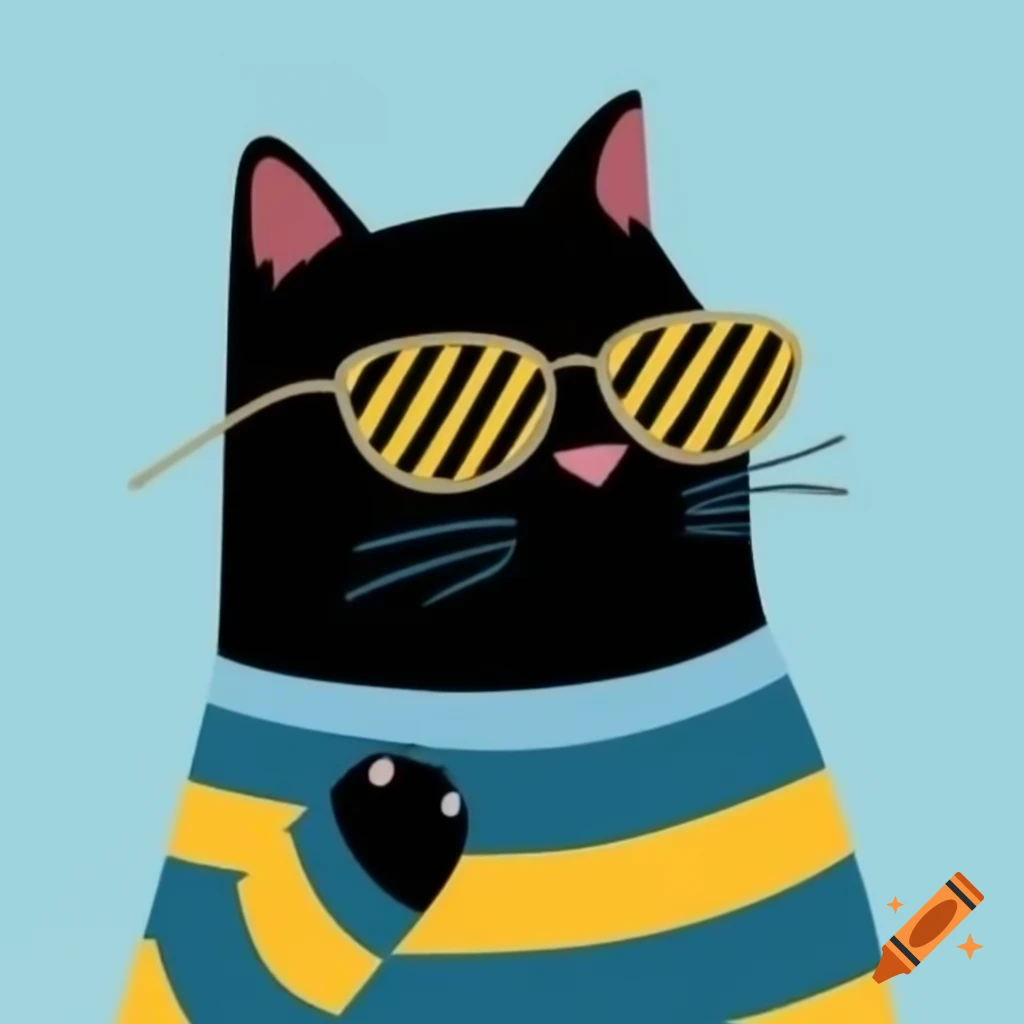 Cartoon art of black cat with pajama stripes and sunglasses