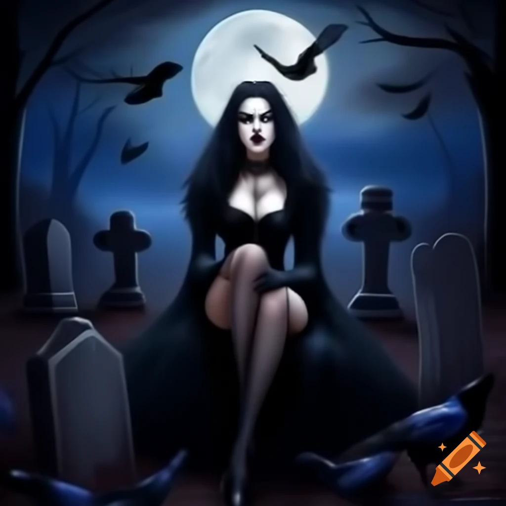 Goth woman in graveyard with ravens under moonlight