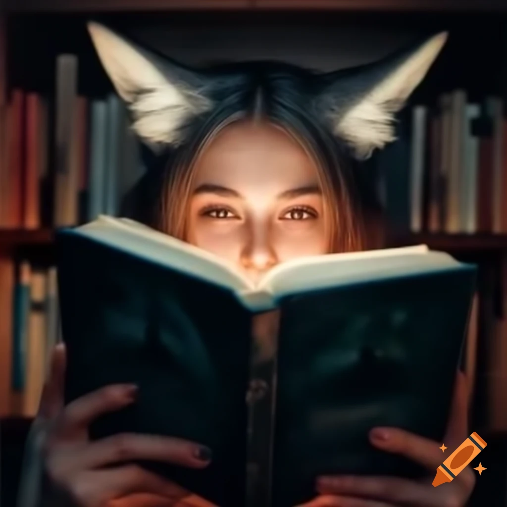 Young woman with wolf ears reading romance novel, face obscured by book