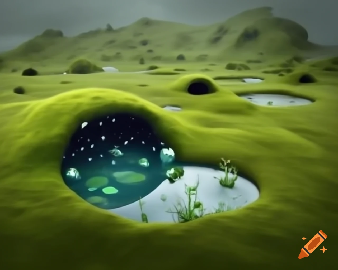 Mossy hobbit hole in lush landscape with glistening raindrops