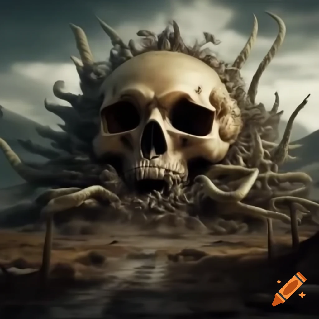 Skull-shaped mountain over post-apocalyptic home made from fungal stalk
