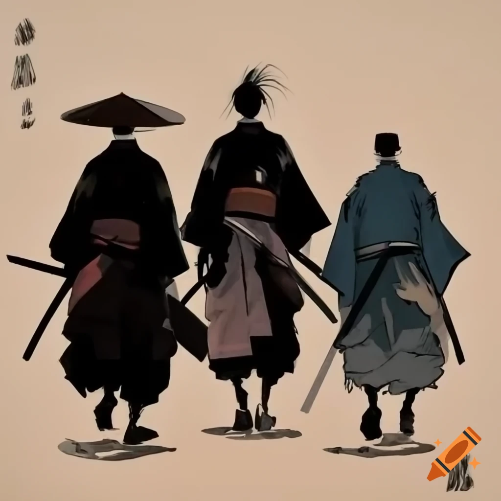 Traditional Japanese painting of ronins walking in Takehiko Inoue's manga style