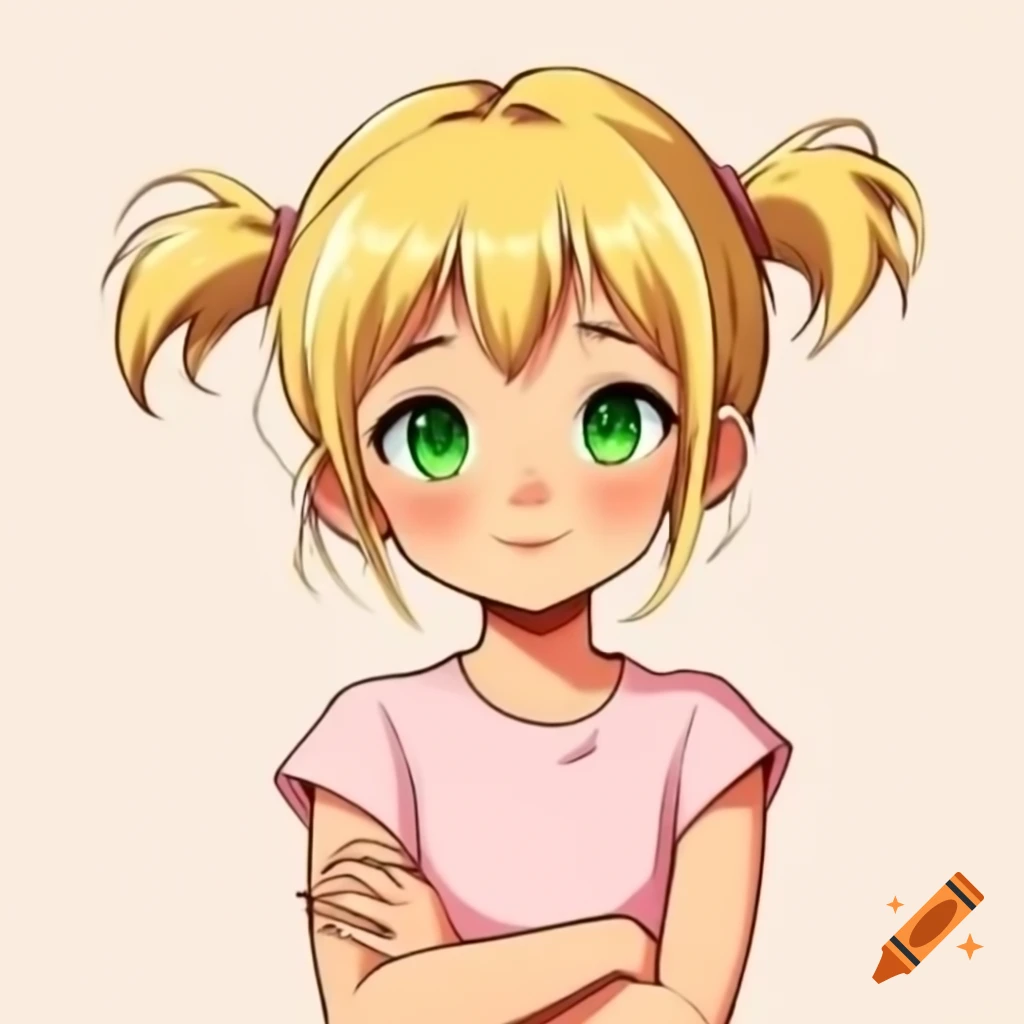 Anime girl with blonde hair and green eyes in light pink sleeveless shirt, arms crossed