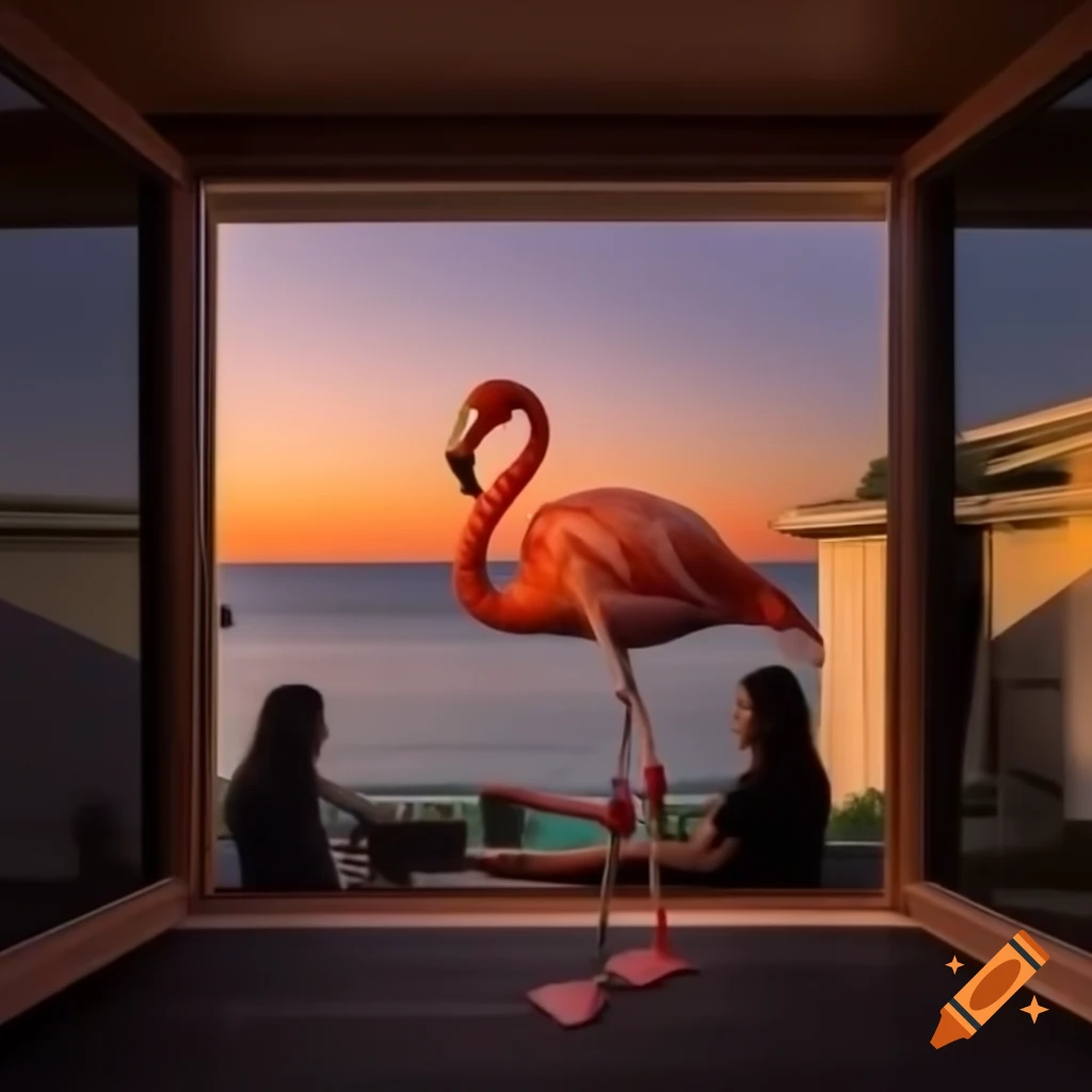 Flamingo inside luxury house watching sunset while people play and run outside