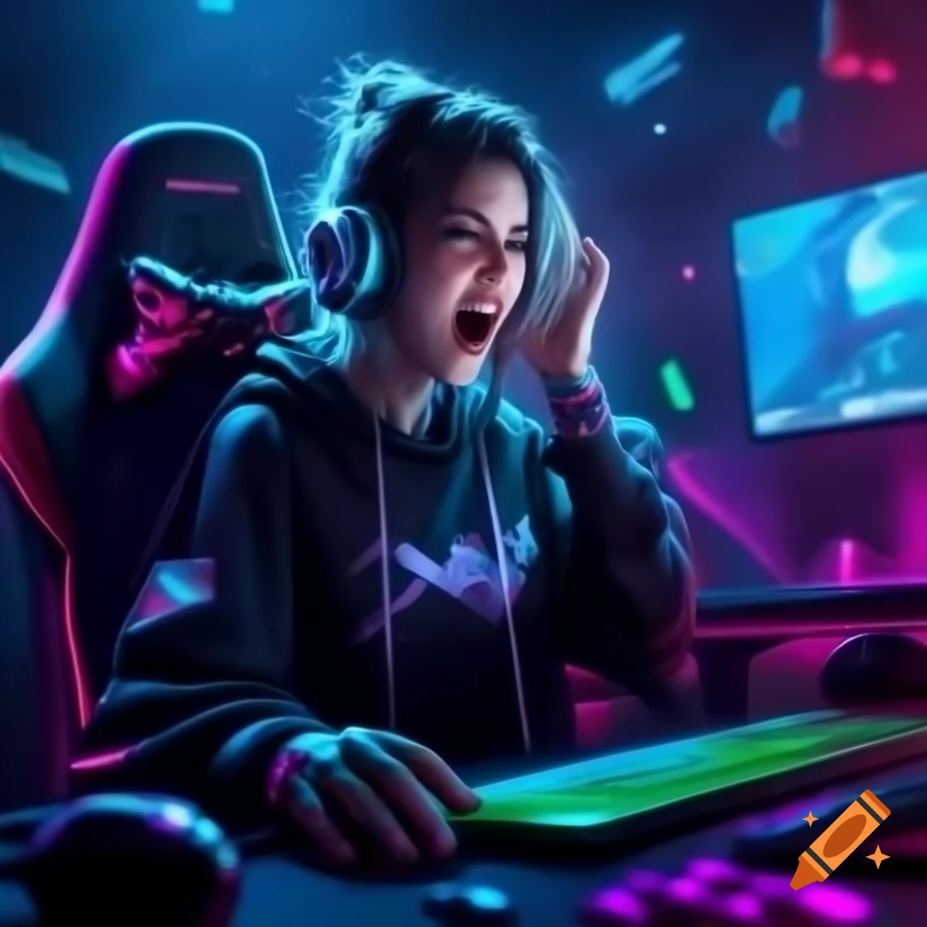 Frustrated young gamer woman in hoodie and high-tech headphones