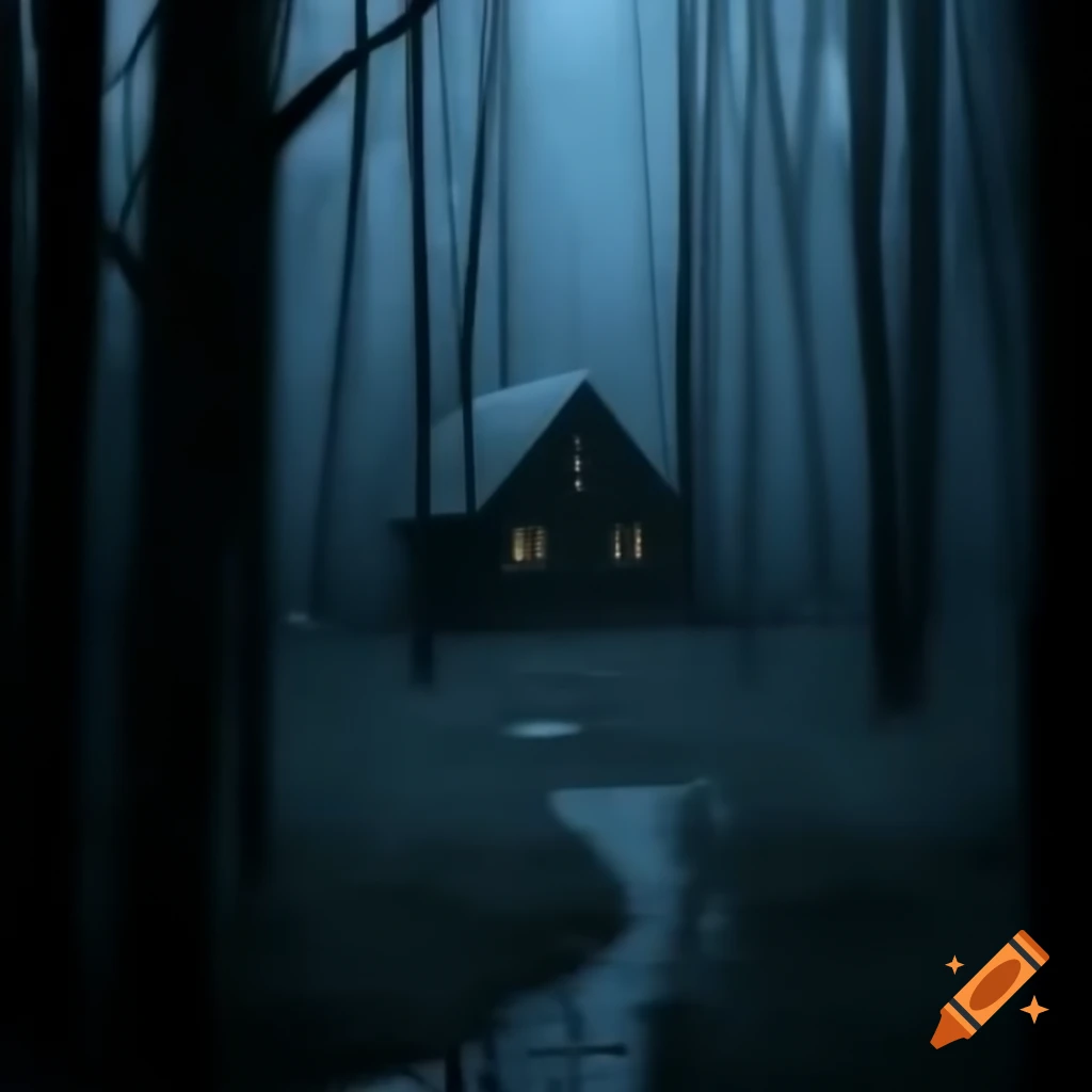 Horror book cover featuring a cabin in the woods shrouded in fog at night