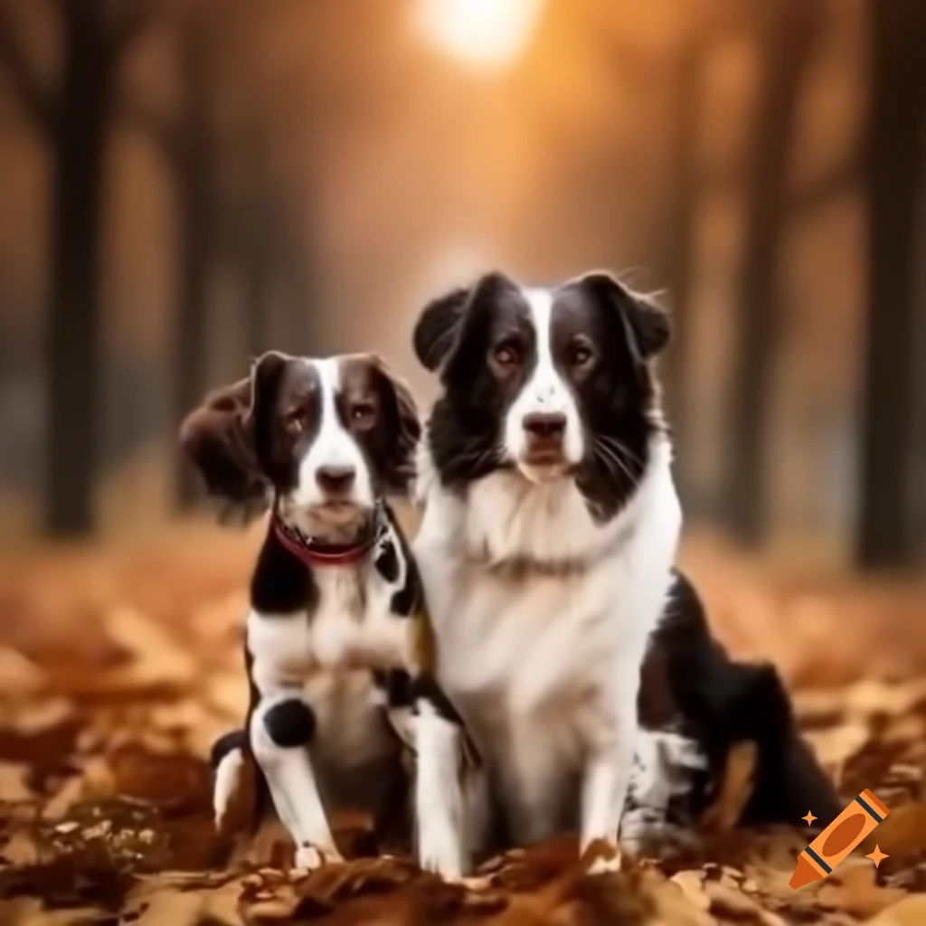 Border collie and springer spaniel surrounded by fall foliage