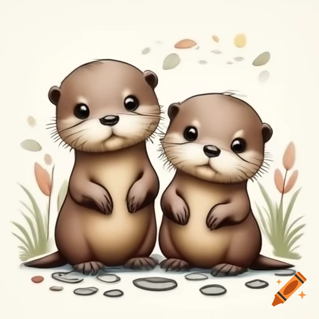 Two otters playing in coloring book style with refined linework
