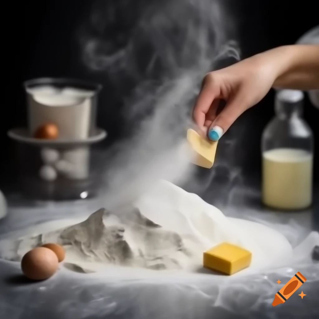 Woman's hand preparing cookies with flour, eggs, and butter in kitchen
