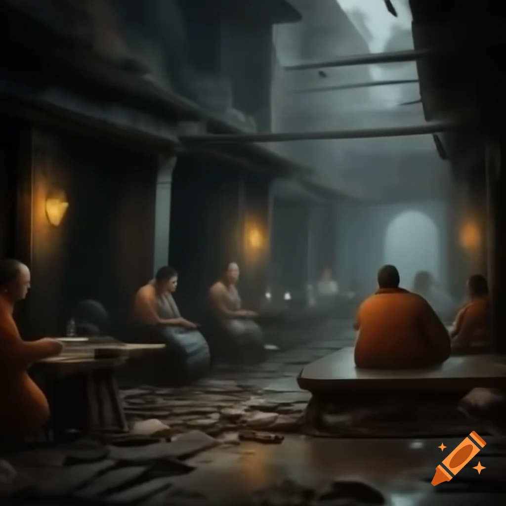 Dark rainy medieval tavern scene with beggars and monks