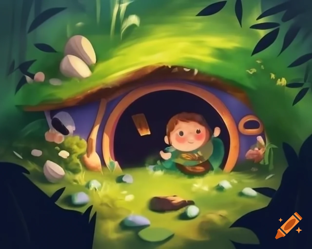 Charming hobbit burrow surrounded by greenery with rainbows from sunbeams