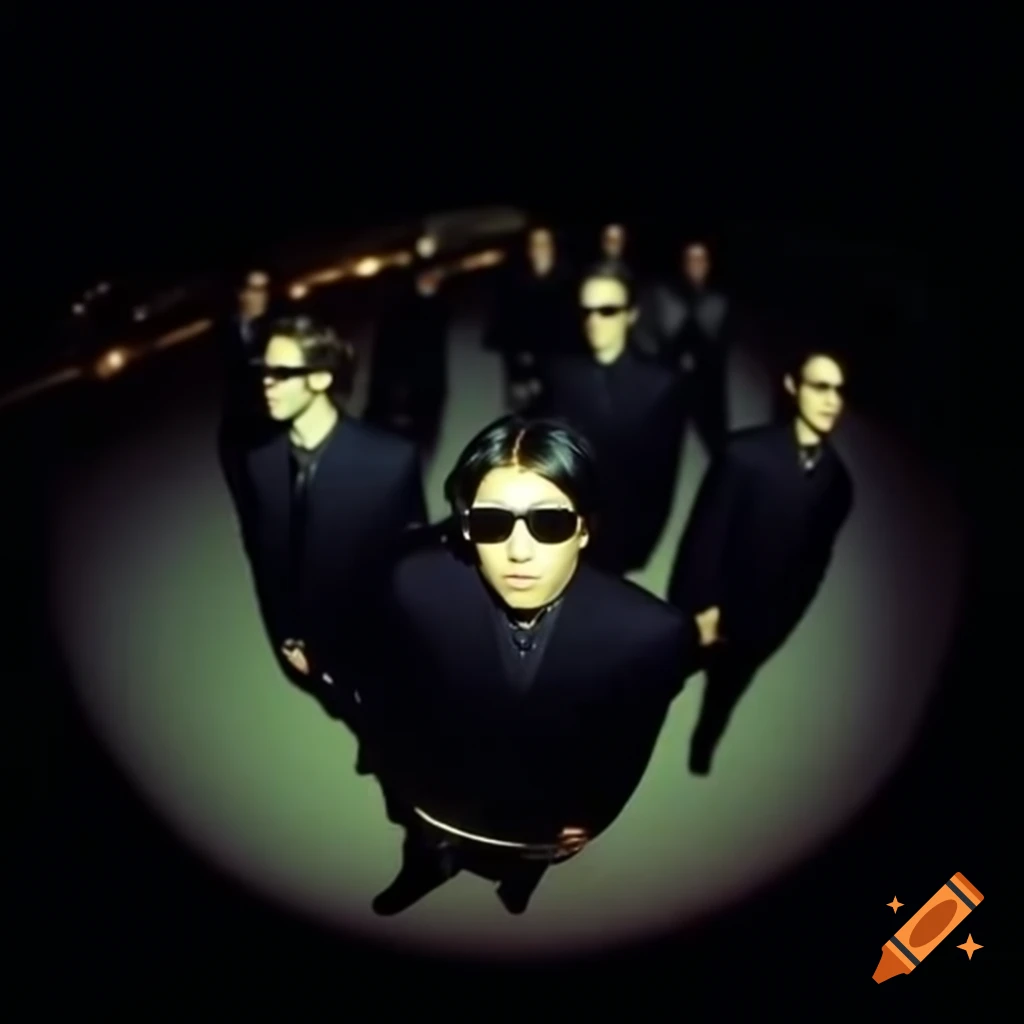 Mysterious men in black suits and sunglasses at night, fisheye perspective