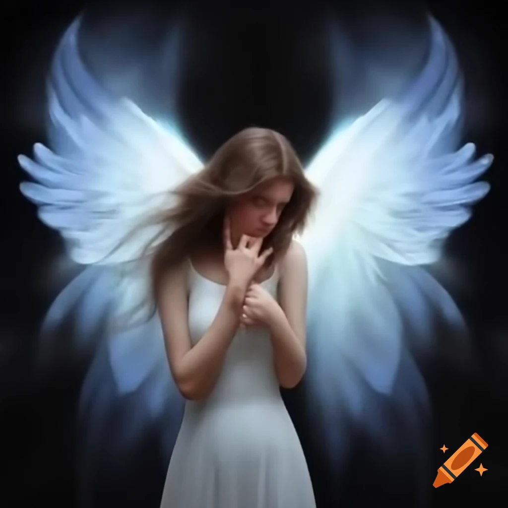 Woman with glowing angel wings and halo, wearing tight white dress