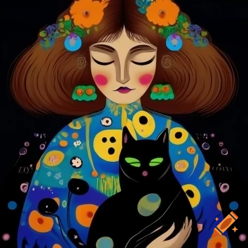 Middle-aged woman with brown hair in colorful dress holding a black cat with green eyes, Klimt and Vinci style