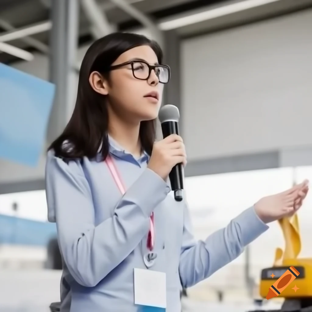 Office girl with glasses speaking at construction equipment conference