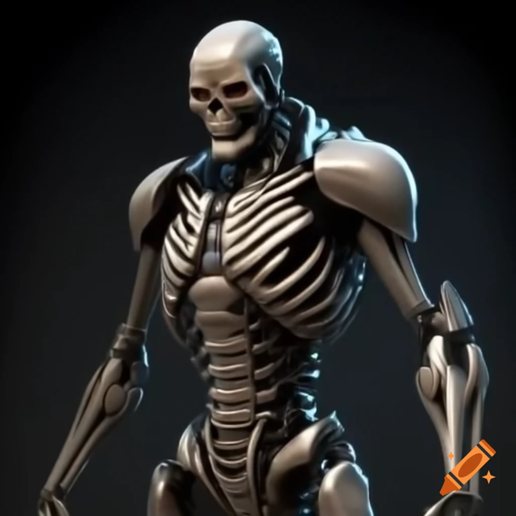 Humanoid automaton with skeletal frame and Nordic runes, showcasing muscular metallic limbs