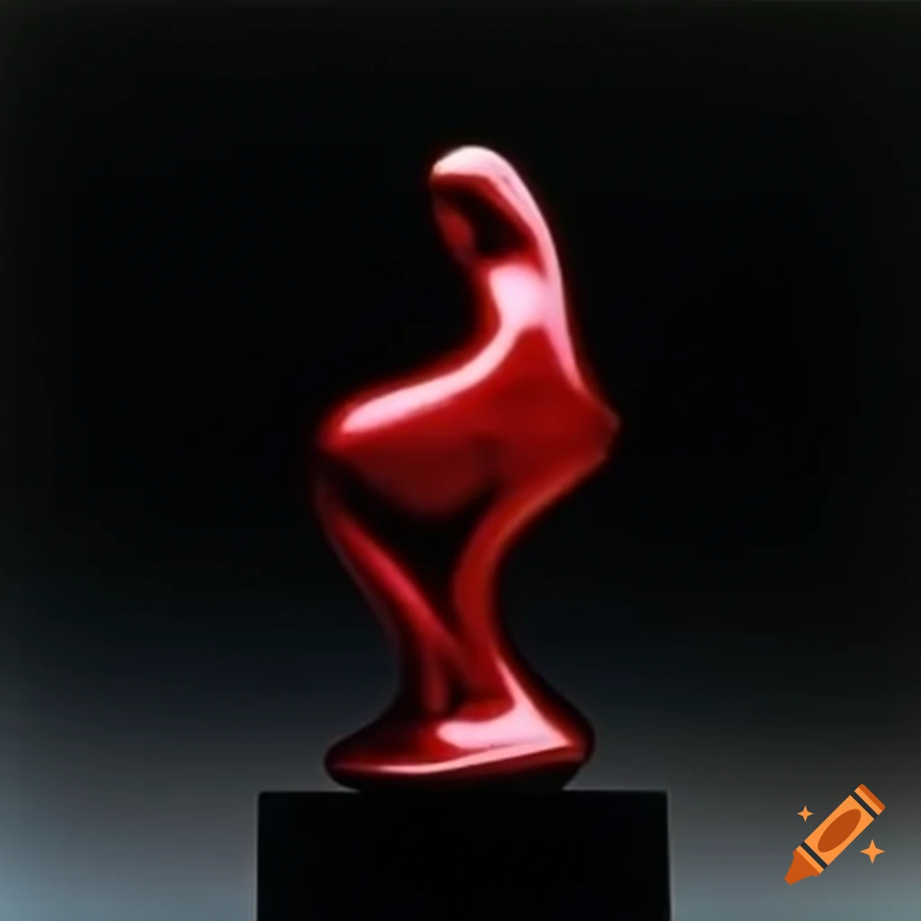 Pop surreal 2000s photography featuring iridescent red glass statue