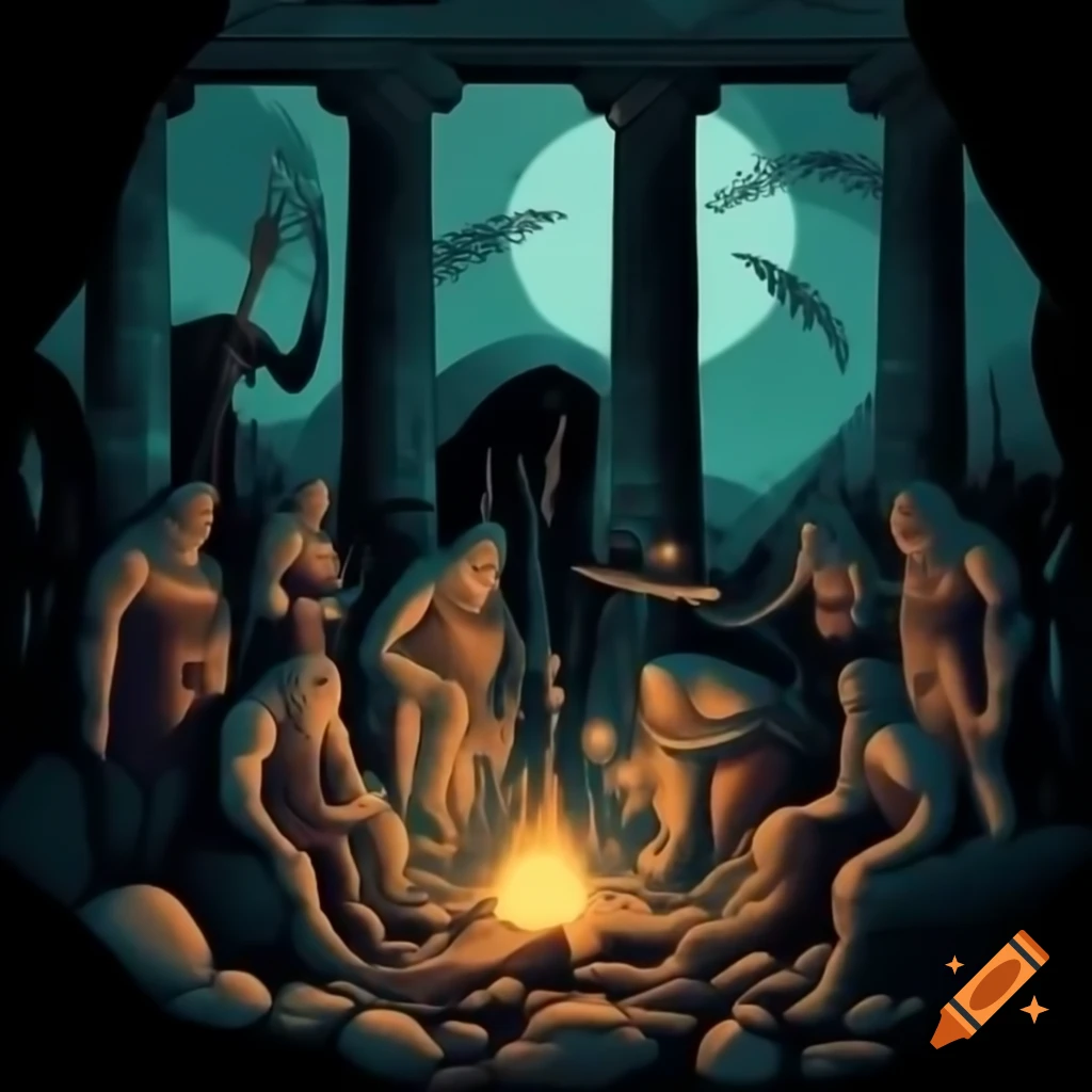 Spectral underworld with ghosts of fallen warriors in surreal Tim Burton-inspired scene