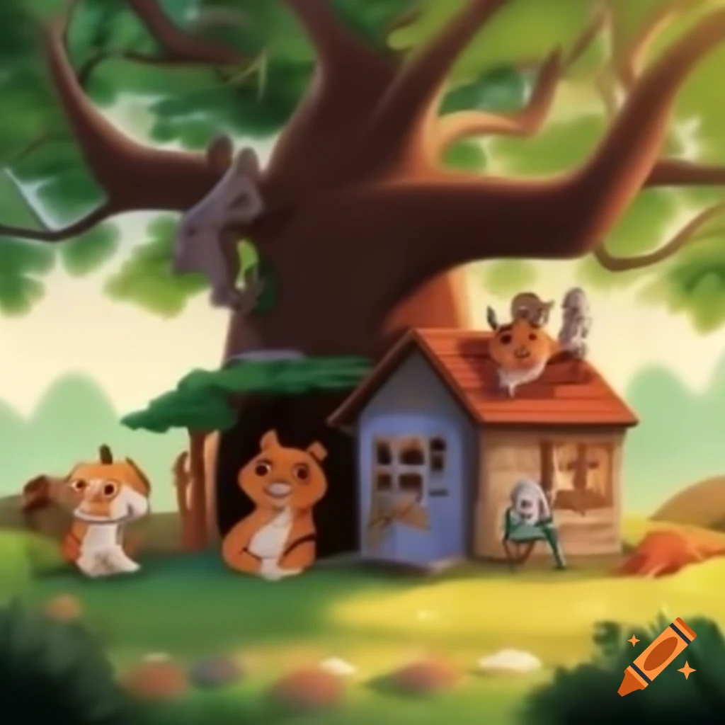 Cozy house beside oak tree with three cats lounging outside