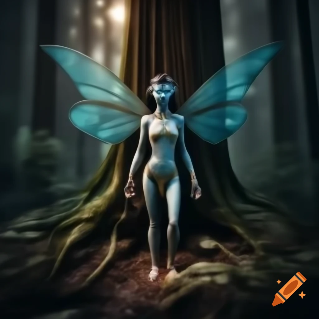 Photorealistic 3D render of a fairy beside a tree in a forest, raytracing