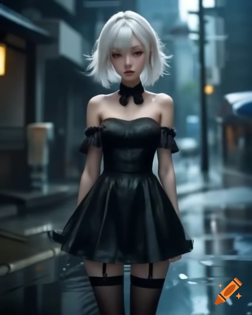 Anime of a woman with white hair in a black dress on a rainy day