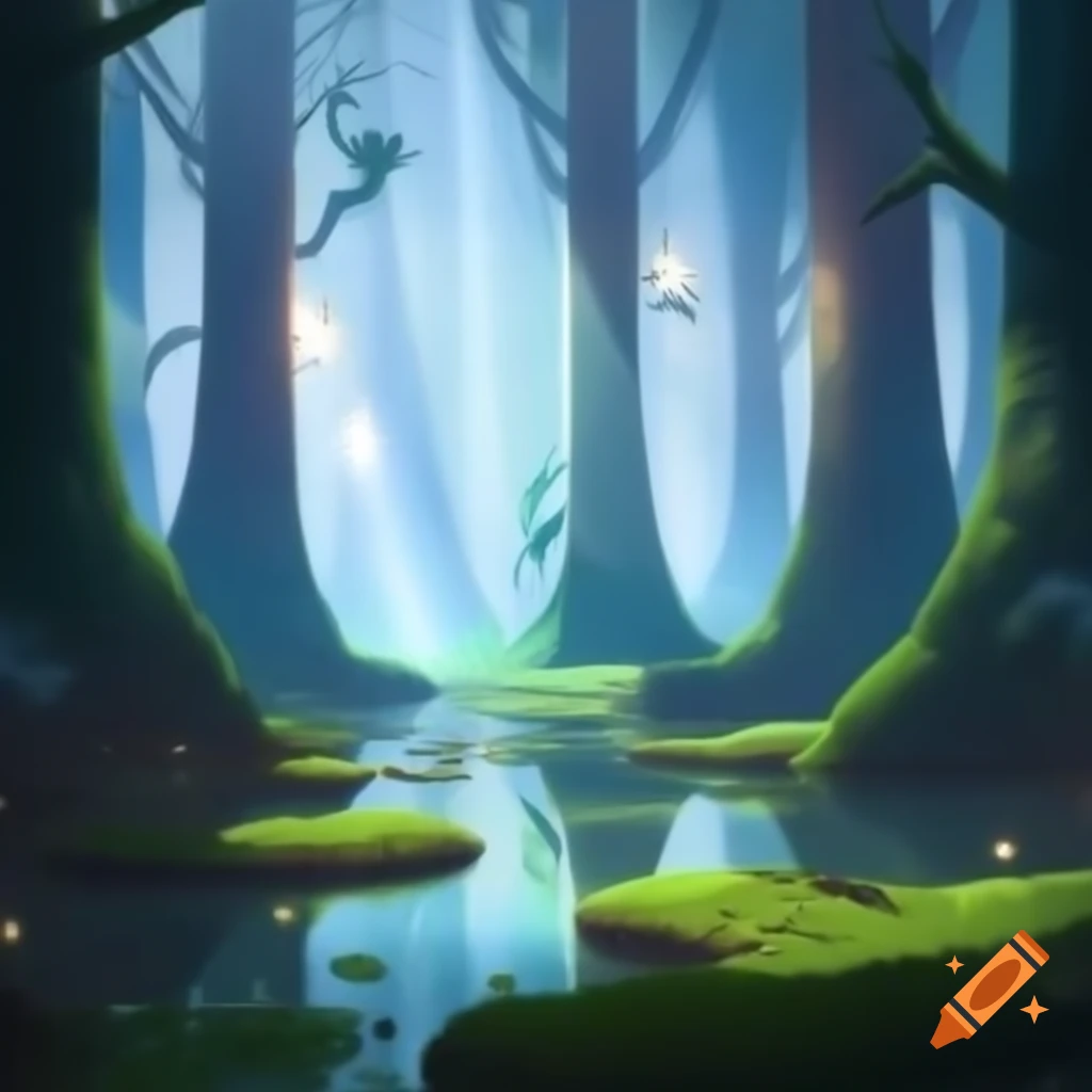 Ethereal forest at dawn with ancient trees and glowing moss next to a crystal-clear stream