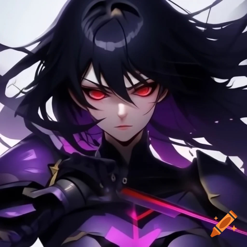 Dark female anime heroine in black armor with purple hair strands and red pupils